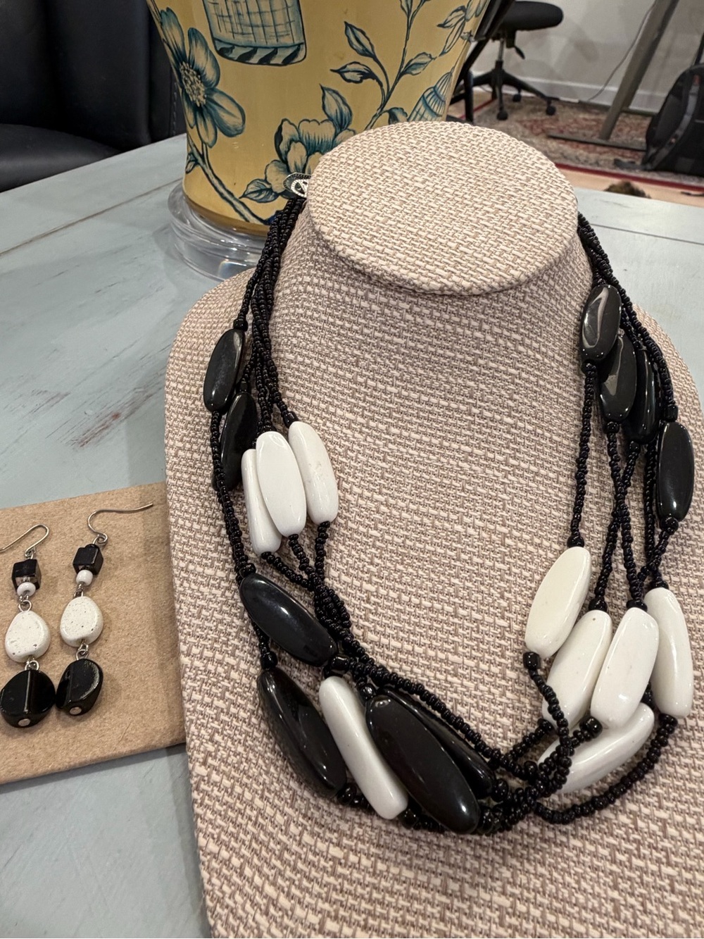 Black & White Multi-Strand Beaded Necklace and Earring Set